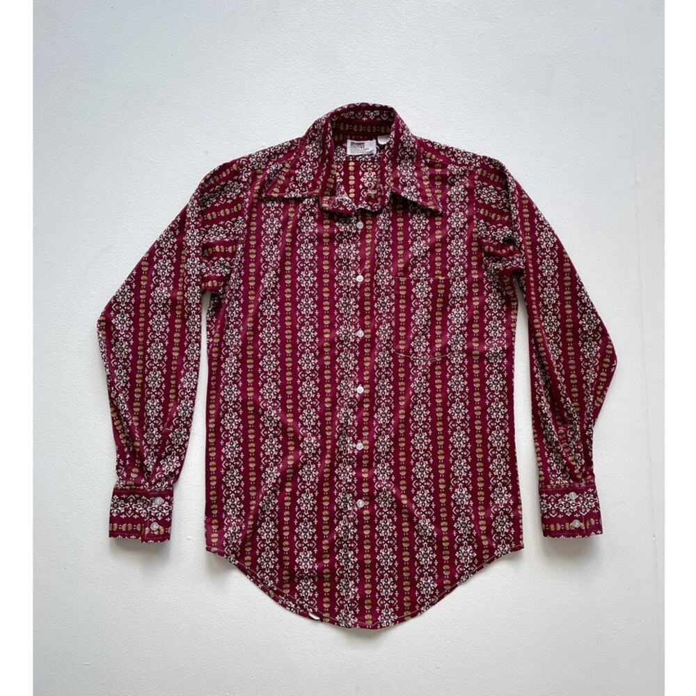 Vtg 70s MONTGOMORY WARD Red Ornate Retro Poly Disco Shirt · 14.5 · Button Up